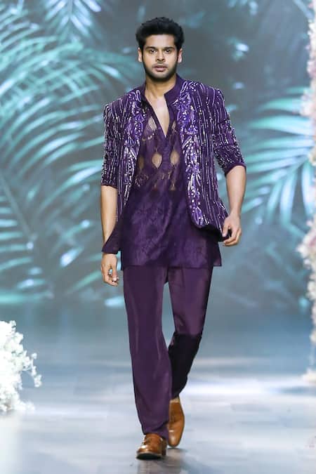 Nirmooha_Purple Crepe Sequins, Beads Hand Embroidered Deep Plum Jacket _Online_at_Aza_Fashions