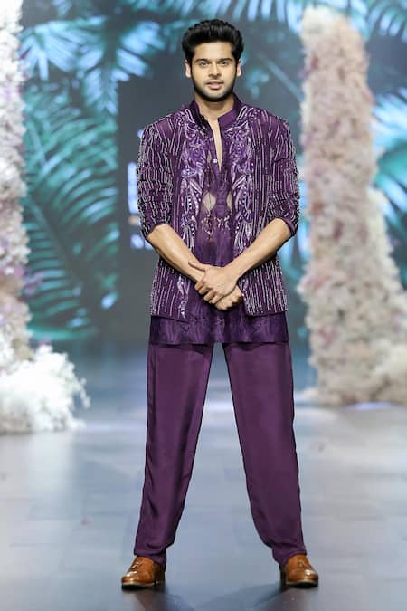 Buy_Nirmooha_Purple Chiffon Embroidery Chantilly Hand Shirt _Online_at_Aza_Fashions