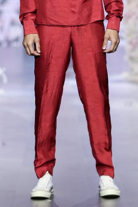 Nirmooha Red Crepe Tapered Plain Pant Online at Aza Fashions Nirmooha_Red Crepe Tapered Plain Pant _Online_at_Aza_Fashions