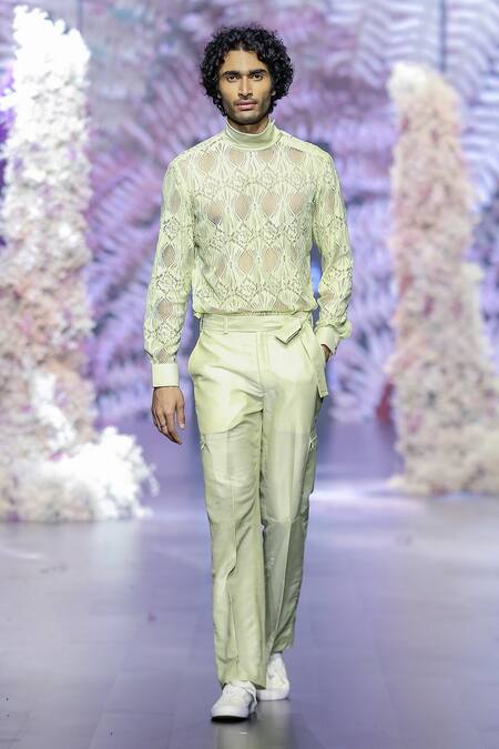 Nirmooha_Green Linen Tapered Pant With Belt _Online_at_Aza_Fashions