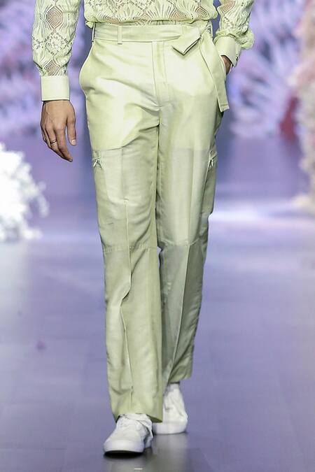 Buy_Nirmooha_Green Linen Tapered Pant With Belt _Online_at_Aza_Fashions