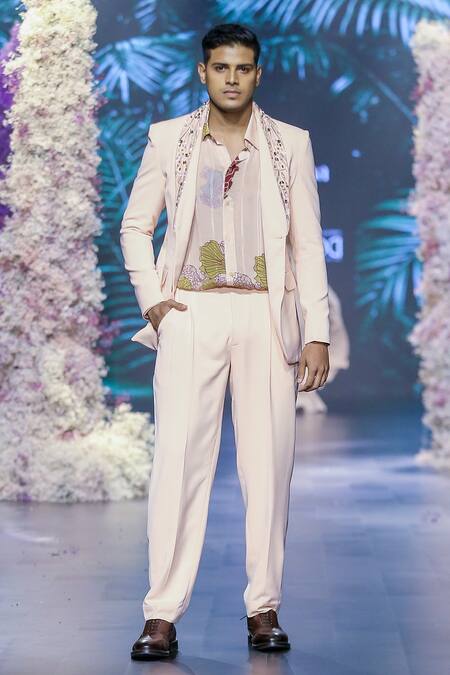 Nirmooha_Peach Lurex Sequins, Beads Placement Hand Embroidered Blazer _Online_at_Aza_Fashions