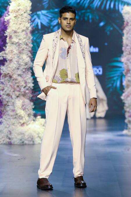 Buy_Nirmooha_Peach Lurex Sequins, Beads Placement Hand Embroidered Blazer _Online_at_Aza_Fashions
