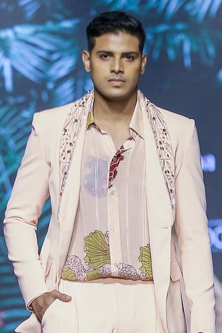 Nirmooha_Peach Chiffon, Lurex Embroidery Tropical Print Shirt _Online_at_Aza_Fashions