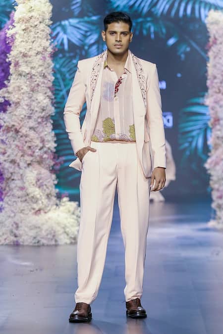 Buy_Nirmooha_Peach Chiffon, Lurex Embroidery Tropical Print Shirt _Online_at_Aza_Fashions