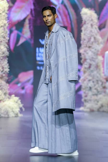 Nirmooha_Grey Embroidery Chantilly Lace Shirt _Online_at_Aza_Fashions