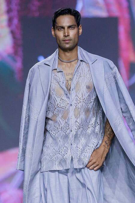 Buy_Nirmooha_Grey Embroidery Chantilly Lace Shirt _Online_at_Aza_Fashions