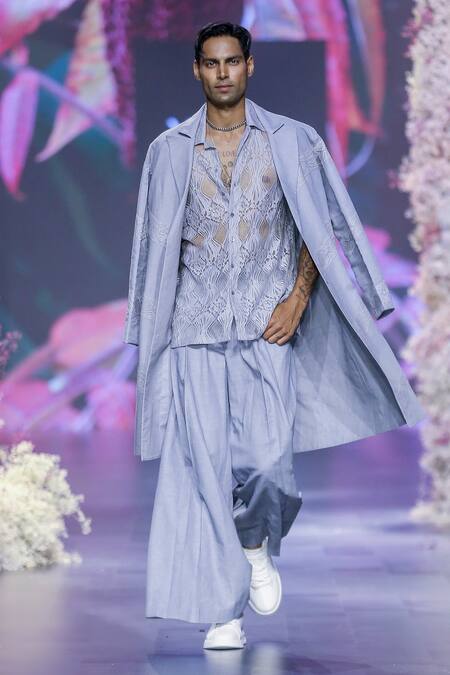 Shop_Nirmooha_Grey Embroidery Chantilly Lace Shirt _Online_at_Aza_Fashions