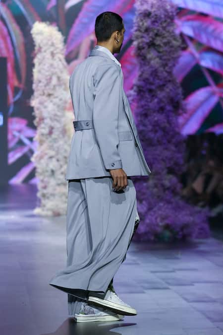 Shop_Nirmooha_Grey Modal, Satin Floral Print Cut-out Pant _Online_at_Aza_Fashions