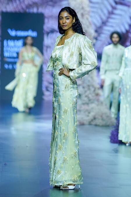 Buy_Nirmooha_Green Brazen Sequin Tassel Embellished Slip Dress _Online_at_Aza_Fashions