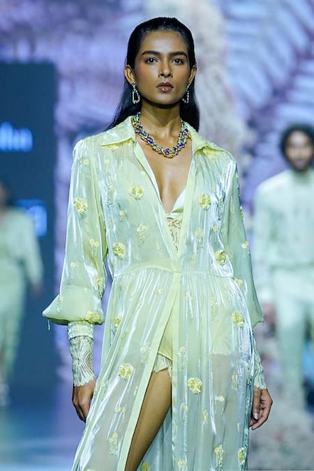 Nirmooha Green Organza Sequins, Beads, Cut Work Fleur Tassel Embellished Slit Maxi Dress Online at Aza Fashions Nirmooha_Green Organza Sequins, Beads, Cut Work Fleur Tassel Embellished Slit Maxi Dress _Online_at_Aza_Fashions