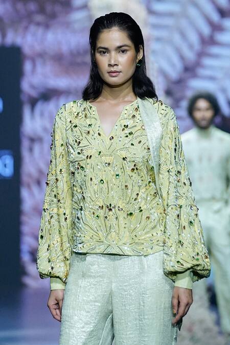 Nirmooha Green Organza Crystals V-neck Confetti Embellished Top Online at Aza Fashions Nirmooha_Green Organza Crystals V-neck Confetti Embellished Top _Online_at_Aza_Fashions