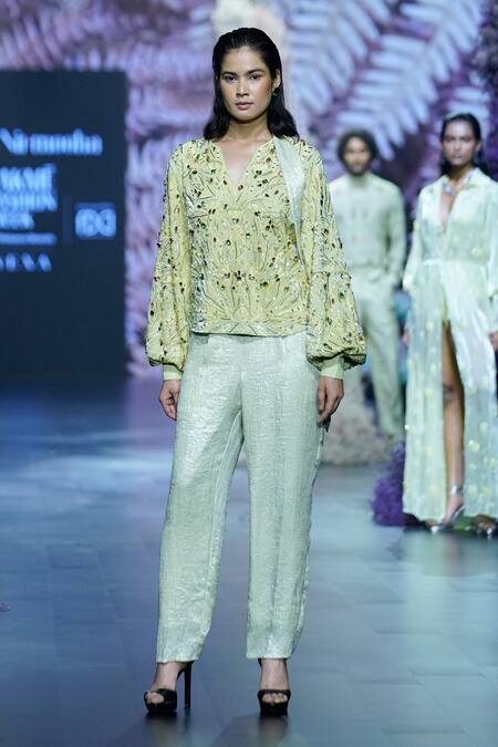 Buy_Nirmooha_Green Organza Crystals V-neck Confetti Embellished Top _Online_at_Aza_Fashions