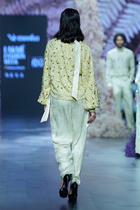 Shop_Nirmooha_Green Georgette Solid Cigarette Fit Pant With Belt _at_Aza_Fashions