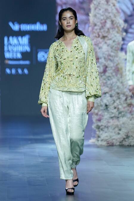 Nirmooha_Green Georgette Solid Cigarette Fit Pant With Belt _Online_at_Aza_Fashions