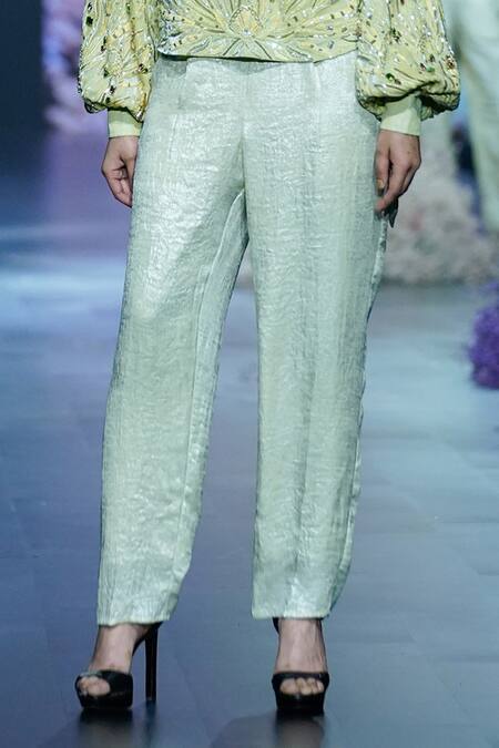 Buy_Nirmooha_Green Georgette Solid Cigarette Fit Pant With Belt _Online_at_Aza_Fashions