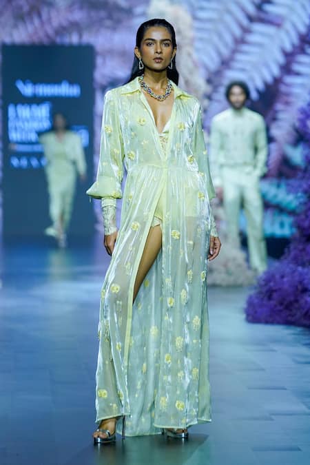 Nirmooha_Green Satin Solid Halter Neck Bralette _Online_at_Aza_Fashions