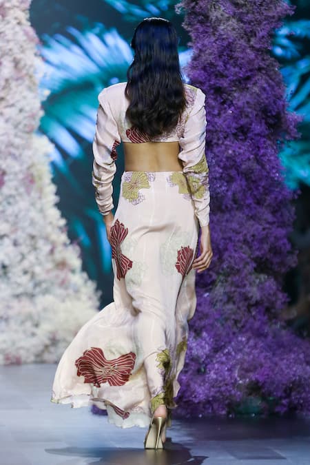 Nirmooha Plunged Chain Neckline Blossom Print Gown 