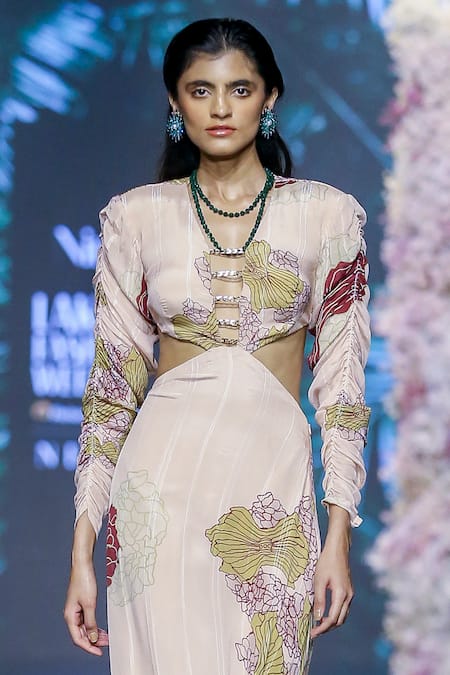 Nirmooha_Peach Lurex, Chiffon Chains Open Neck Plunged Neckline Blossom Print Gown _Online_at_Aza_Fashions