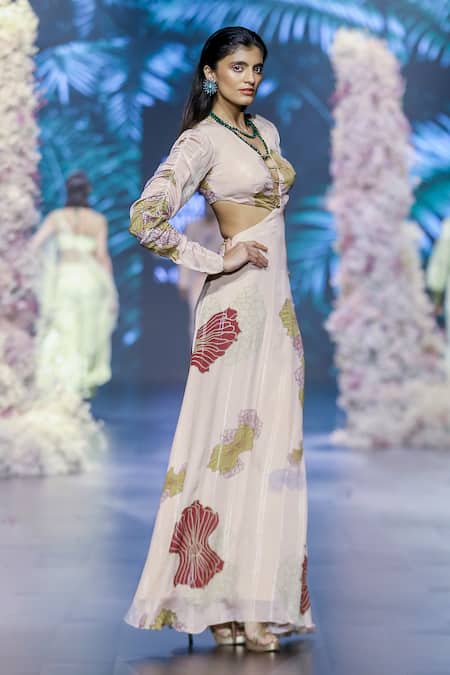 Shop_Nirmooha_Peach Lurex, Chiffon Chains Open Neck Plunged Neckline Blossom Print Gown _Online_at_Aza_Fashions