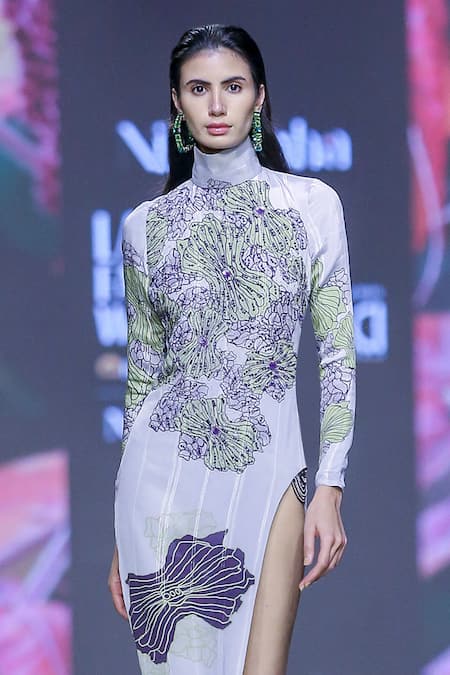 Nirmooha_Grey Lurex, Chiffon Embroidery Iris Fleur Print Embellished Side Slit Maxi Dress _Online_at_Aza_Fashions