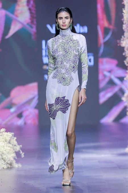 Buy_Nirmooha_Grey Lurex, Chiffon Embroidery Iris Fleur Print Embellished Side Slit Maxi Dress _Online_at_Aza_Fashions