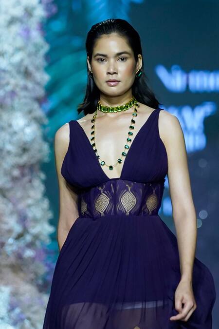Nirmooha_Purple Georgette, Chiffon Lace V-neck Chantilly Embellished Corset Gown _Online_at_Aza_Fashions