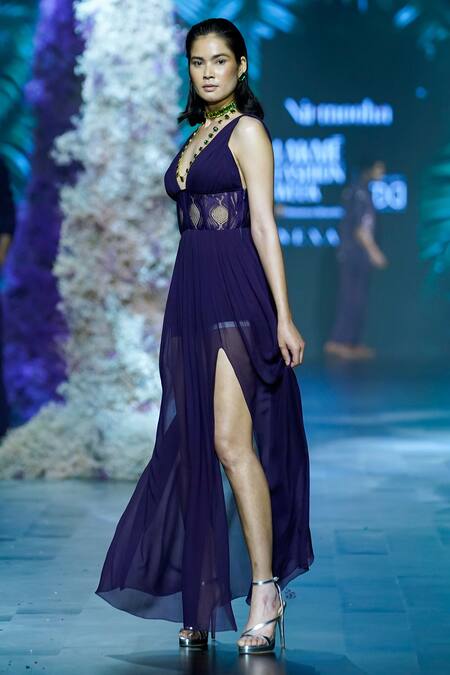 Buy_Nirmooha_Purple Georgette, Chiffon Lace V-neck Chantilly Embellished Corset Gown _Online_at_Aza_Fashions