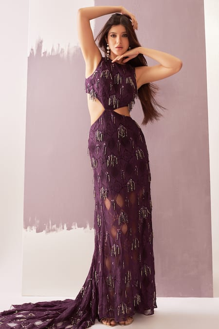 Nirmooha Purple Chantilly Lace Embellished Bead Halter Brazen Tassel Gown 