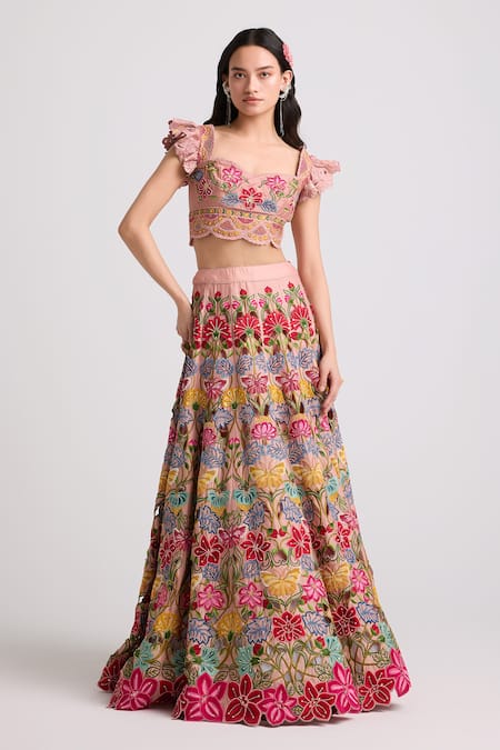 Chandrima_Pink Chanderi, Cotton Sequins, Beads Gul Thread Embroidered Bustier Blouse _Online_at_Aza_Fashions