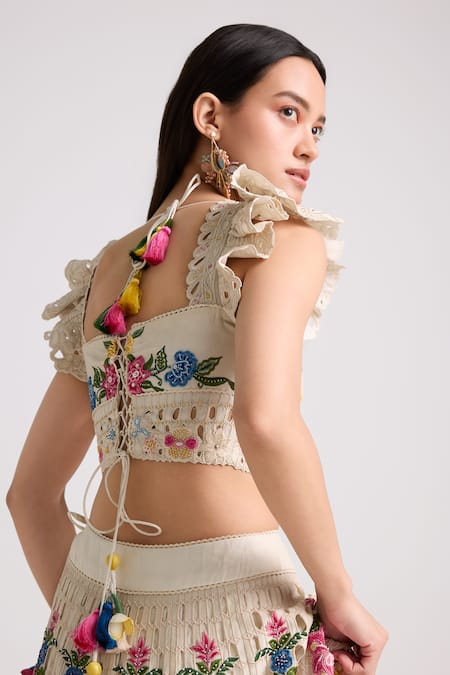 Shop Chandrima Ivory Chanderi, Cotton Beads, Sequins Gardenia Thread Embroidered Bustier Blouse at Aza Fashions Shop_Chandrima_Ivory Chanderi, Cotton Beads, Sequins Gardenia Thread Embroidered Bustier Blouse _at_Aza_Fashions