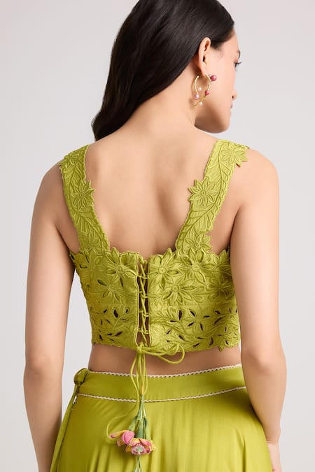 Shop Chandrima Green Chanderi, Cotton Cut Work Sweetheart Neck French Fleur Bustier Blouse at Aza Fashions Shop_Chandrima_Green Chanderi, Cotton Cut Work Sweetheart Neck French Fleur Bustier Blouse _at_Aza_Fashions