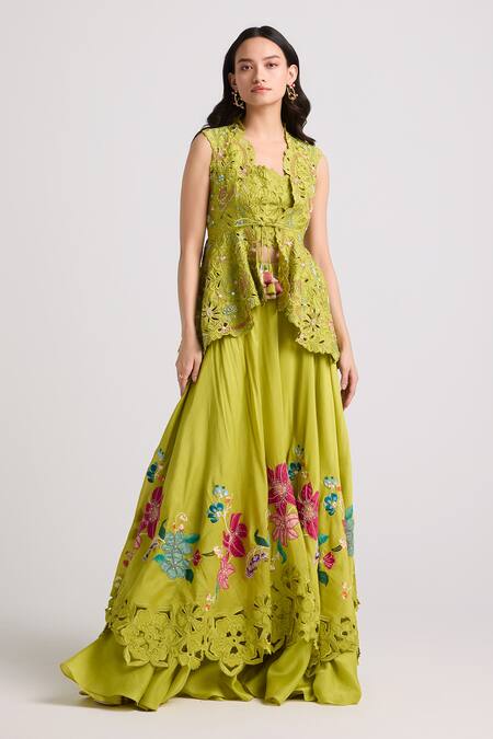 Chandrima Green Chanderi, Cotton Cut Work Sweetheart Neck French Fleur Bustier Blouse Online at Aza Fashions Chandrima_Green Chanderi, Cotton Cut Work Sweetheart Neck French Fleur Bustier Blouse _Online_at_Aza_Fashions