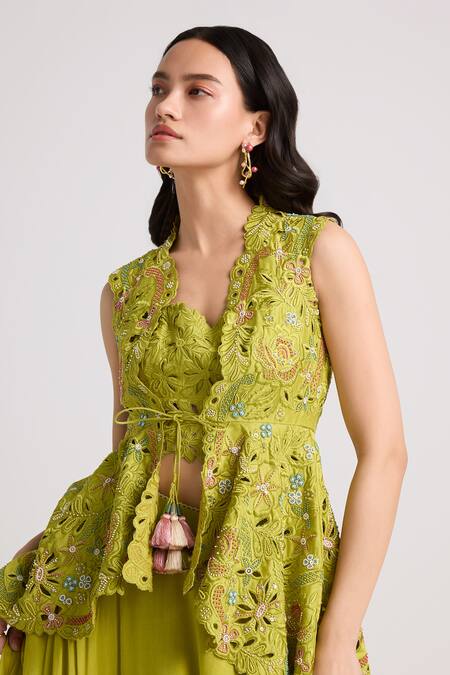 Buy Chandrima Green Chanderi, Cotton Cut Work Sweetheart Neck French Fleur Bustier Blouse Online at Aza Fashions Buy_Chandrima_Green Chanderi, Cotton Cut Work Sweetheart Neck French Fleur Bustier Blouse _Online_at_Aza_Fashions