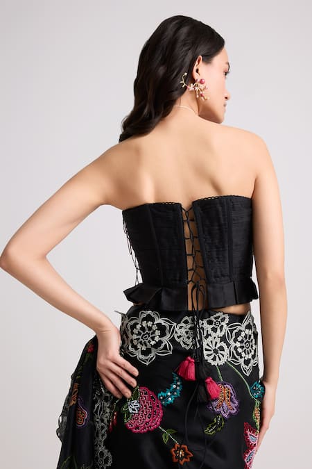 Shop Chandrima Black Chanderi, Cotton Tassels, Beads Beadwork Embellished Ruched Corset at Aza Fashions Shop_Chandrima_Black Chanderi, Cotton Tassels, Beads Beadwork Embellished Ruched Corset _at_Aza_Fashions