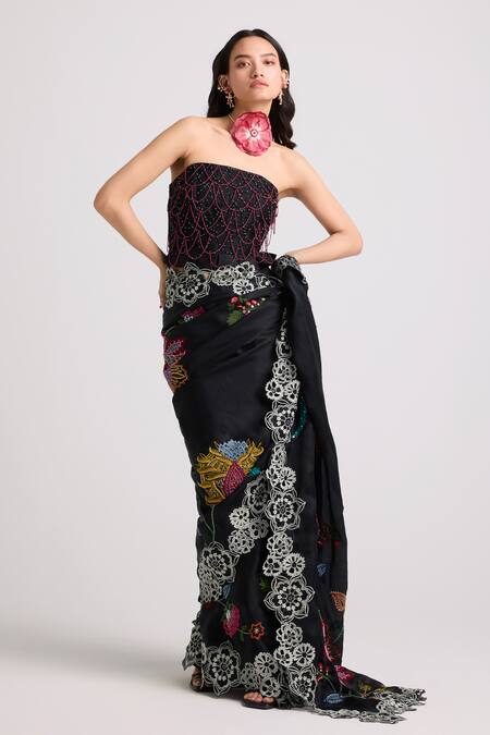 Chandrima Black Chanderi, Cotton Tassels, Beads Beadwork Embellished Ruched Corset Online at Aza Fashions Chandrima_Black Chanderi, Cotton Tassels, Beads Beadwork Embellished Ruched Corset _Online_at_Aza_Fashions