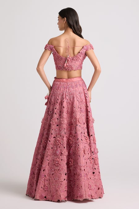 Shop Chandrima Pink Chanderi, Cotton Sequins, Beads 3d Petunia Embellished Off Bustier Blouse at Aza Fashions Shop_Chandrima_Pink Chanderi, Cotton Sequins, Beads 3d Petunia Embellished Off Bustier Blouse _at_Aza_Fashions