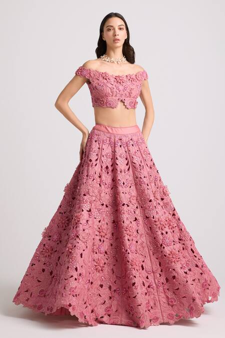 Chandrima Pink Chanderi, Cotton Sequins, Beads 3d Petunia Embellished Off Bustier Blouse Online at Aza Fashions Chandrima_Pink Chanderi, Cotton Sequins, Beads 3d Petunia Embellished Off Bustier Blouse _Online_at_Aza_Fashions