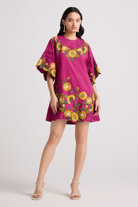 Chandrima Pink Kala  Lining 100% Sunflower Garden Short Dress 