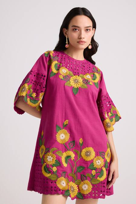 Chandrima Pink Cotton Beads, Embroidery Round Neck Sunflower Garden Short Dress Online at Aza Fashions Chandrima_Pink Cotton Beads, Embroidery Round Neck Sunflower Garden Short Dress _Online_at_Aza_Fashions