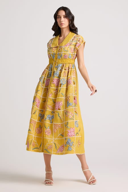 Chandrima Yellow Silk Organza Lining Vintage Fleur Window Midi Shirt Dress 