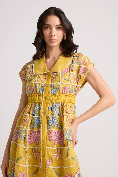 Chandrima_Yellow Silk Organza, Cotton Embroidery, Vintage Fleur Window Midi Shirt Dress _Online_at_Aza_Fashions