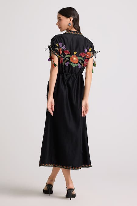 Chandrima Midnight Bloom Applique Midi Shirt Dress 