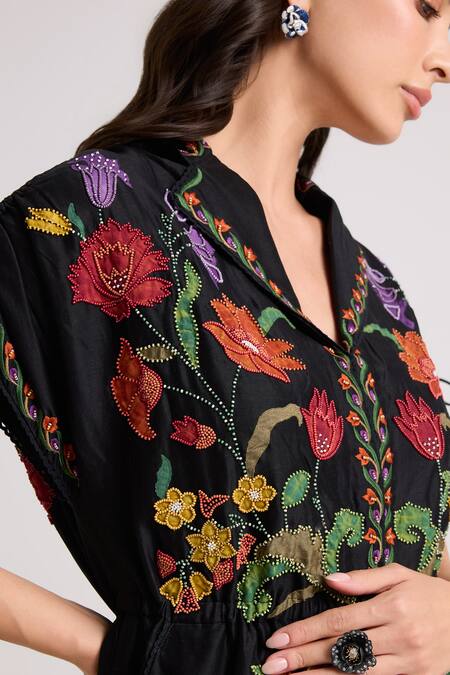 Buy_Chandrima_Black Chanderi, Cotton Beads, Tassels Midnight Bloom Applique Midi Shirt Dress _Online_at_Aza_Fashions