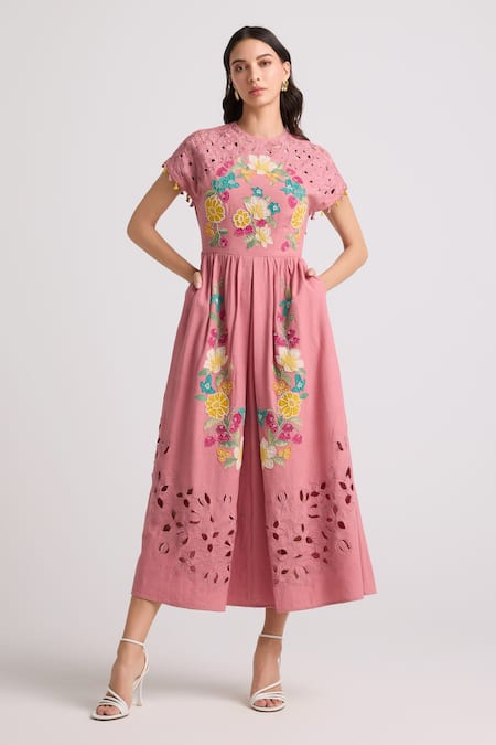 Chandrima Pink Kala  Lining 100% Blossom Cutwork Midi Dress 