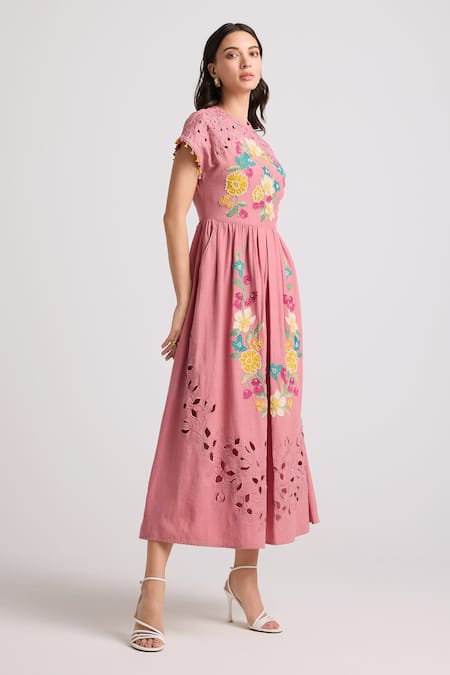 Chandrima_Pink Cotton Embroidery, Beads Round Neck Blossom Applique Cutwork Midi Dress _Online_at_Aza_Fashions