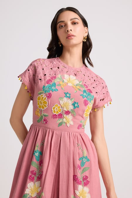 Buy_Chandrima_Pink Cotton Embroidery, Beads Round Neck Blossom Applique Cutwork Midi Dress _Online_at_Aza_Fashions
