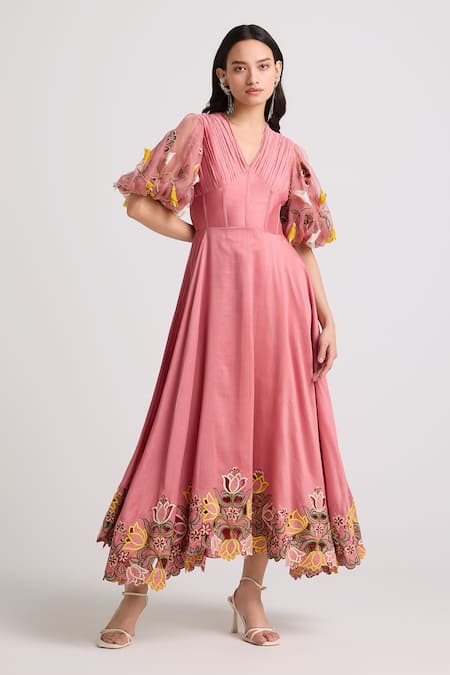 Chandrima Pink Chanderi Applique Embroidered Floral Cutwork V Neck Corset Dress 
