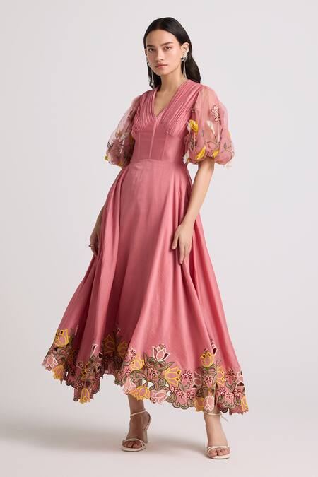 Chandrima_Pink Chanderi, Cotton Embroidery V-neck Corset Dress _Online_at_Aza_Fashions