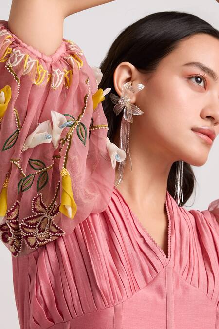 Buy_Chandrima_Pink Chanderi, Cotton Embroidery V-neck Corset Dress _Online_at_Aza_Fashions